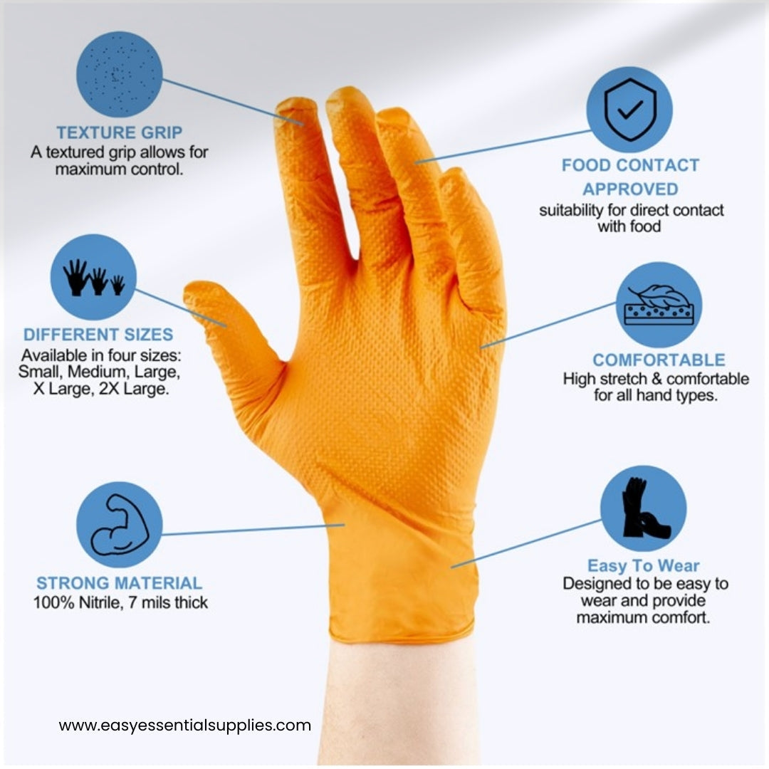 NITRILE GLOVES, ORANGE, 7MIL, DIAMOND TEXTURE, 100/ BOX